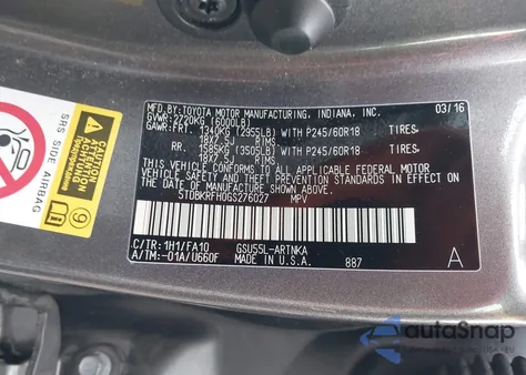 2016 Toyota Highlander Le Plus V6 z USA, uszkodzony, nr VIN 5TDBKRFH0GS276027